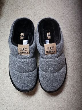 Barbour Gray Quilted Slip-On House Slippers with Black Lining